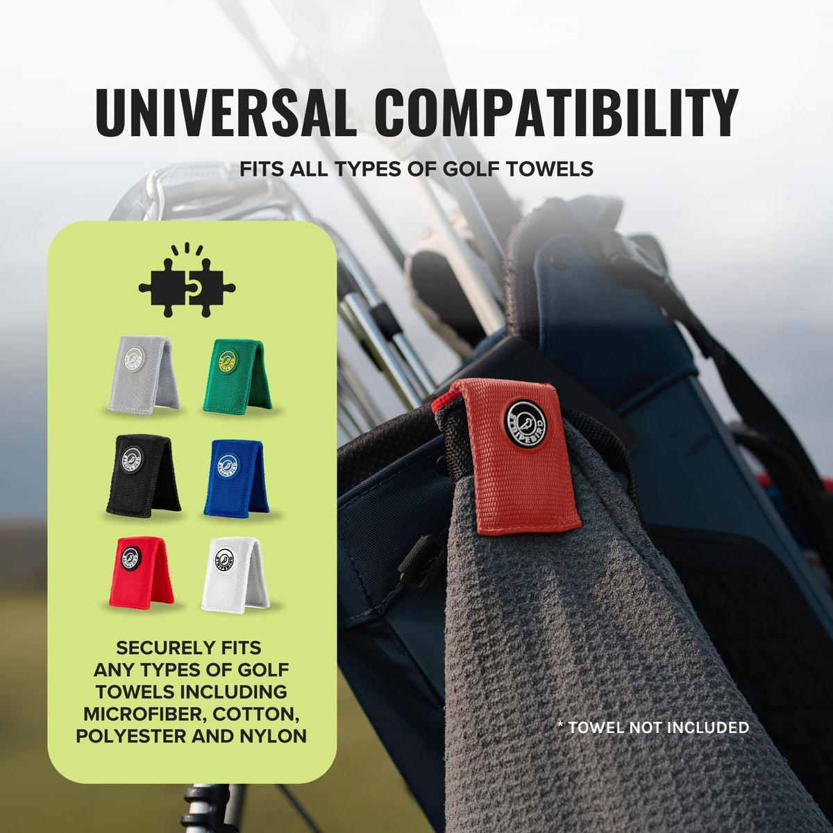 Red magnetic clip enables quick towel access during rounds