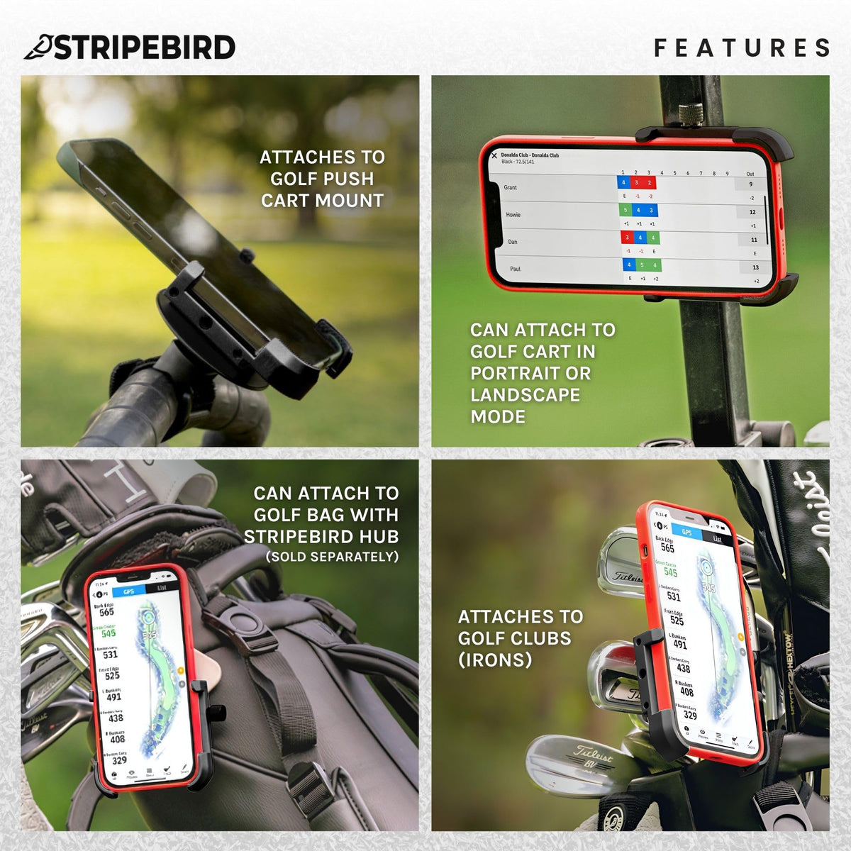 Slim universal-fit Stripebird design accommodates iPhone and Samsung with or without a case