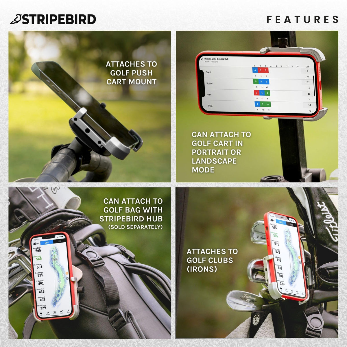 Stripebird swing video mount supports portrait or landscape recording on course.