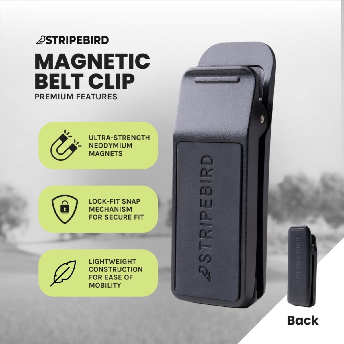 Stripebird belt clip demonstrates universal compatibility with magnetic accessories.