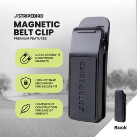 Stripebird belt clip demonstrates universal compatibility with magnetic accessories.
