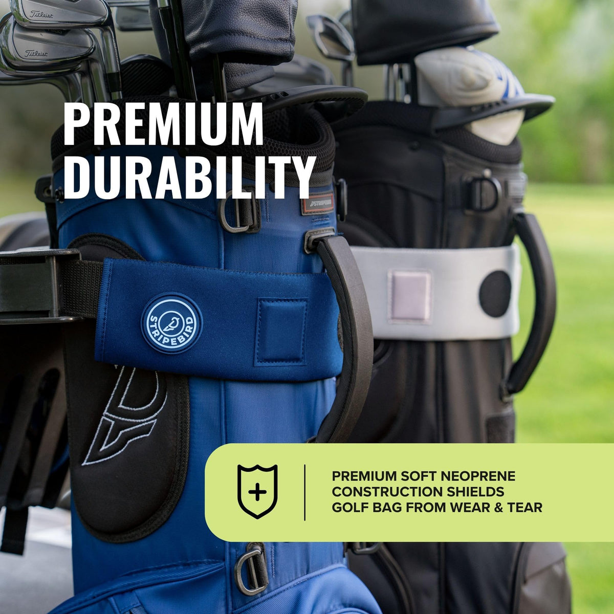 Stripebird universal-fit blue sleeve on bags and golf carts.