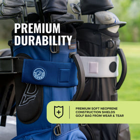 Stripebird universal-fit blue sleeve on bags and golf carts.