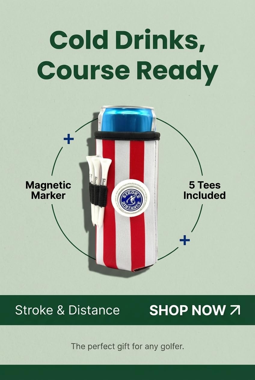 Stroke & Distance golf cart friendly design clips securely for on-the-go refreshment.