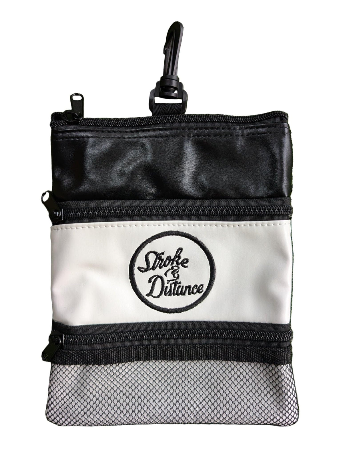 Stroke & Distance SD Golf Pouch attached to bag clip for quick access during rounds.
