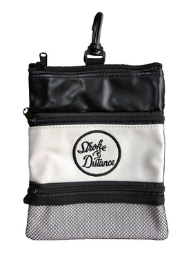 Stroke & Distance SD Golf Pouch attached to bag clip for quick access during rounds.