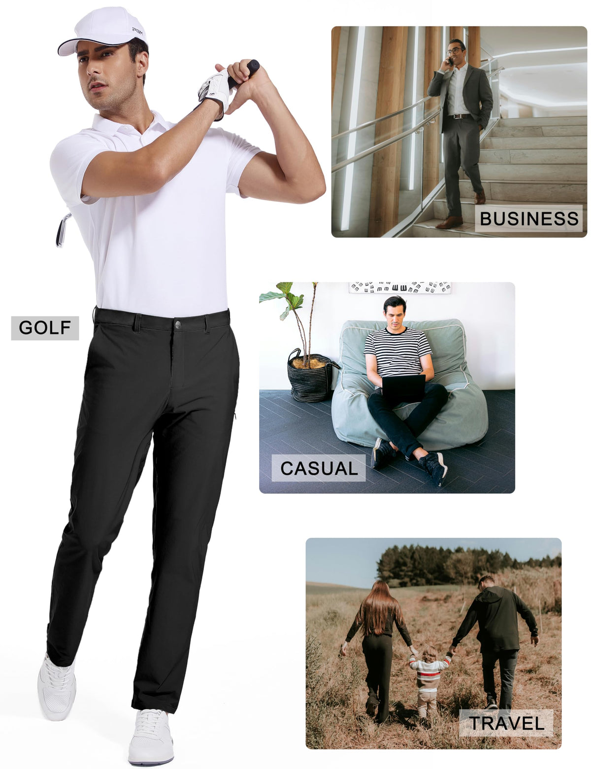 Strweitt golf pants displaying inseam options 30, 32, and 34 inches.