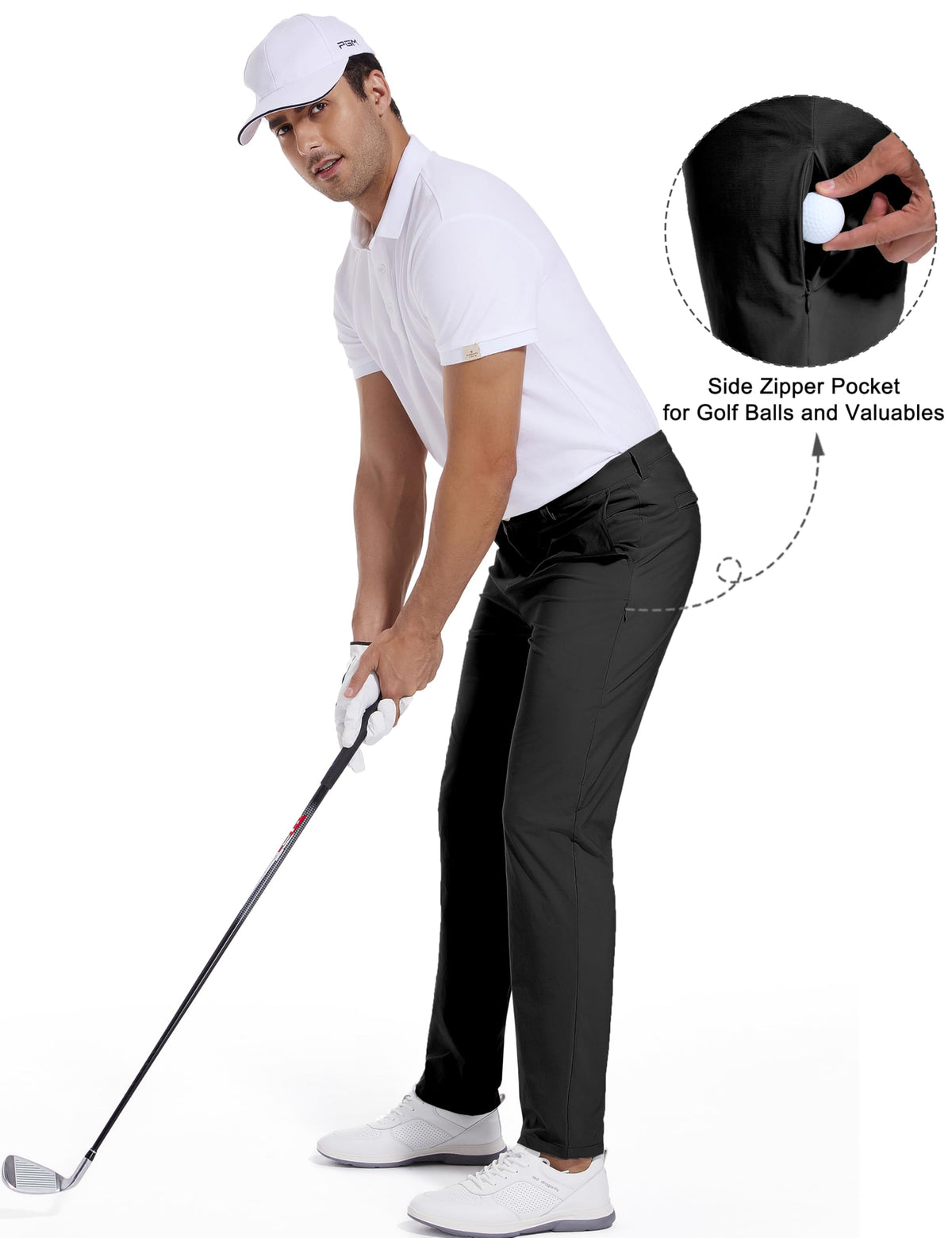 Strweitt golf pants featuring zipper-button-fly for secure wear.