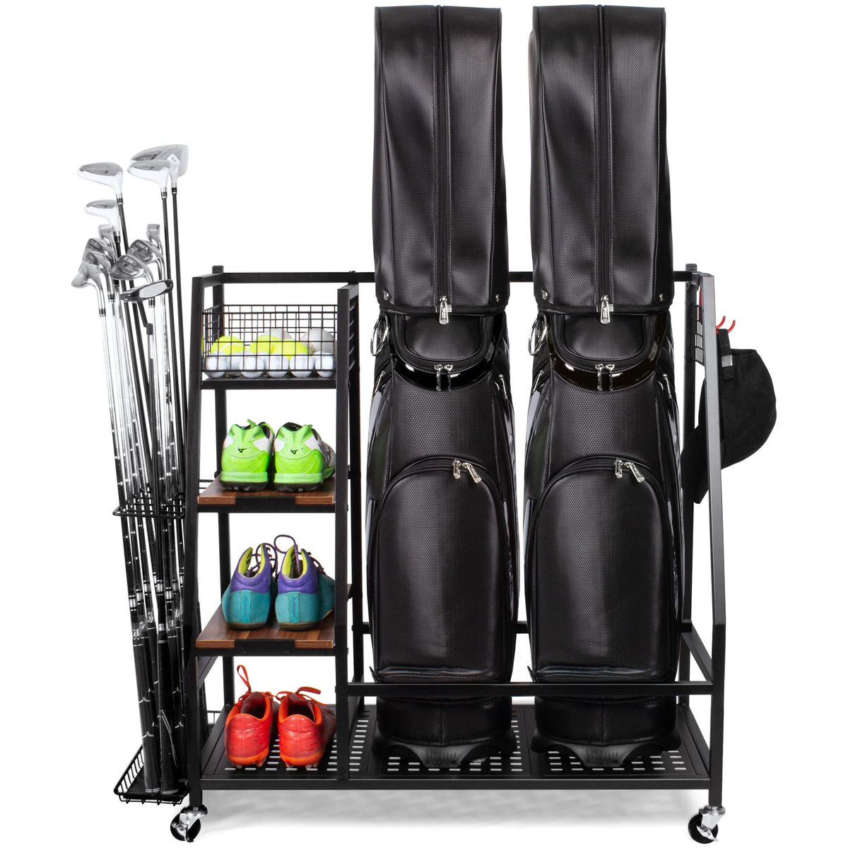 Sttoraboks golf bag storage stand with two-bag capacity and tidy shelves.