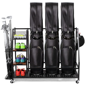Sttoraboks golf storage stand front view showing organized three bags