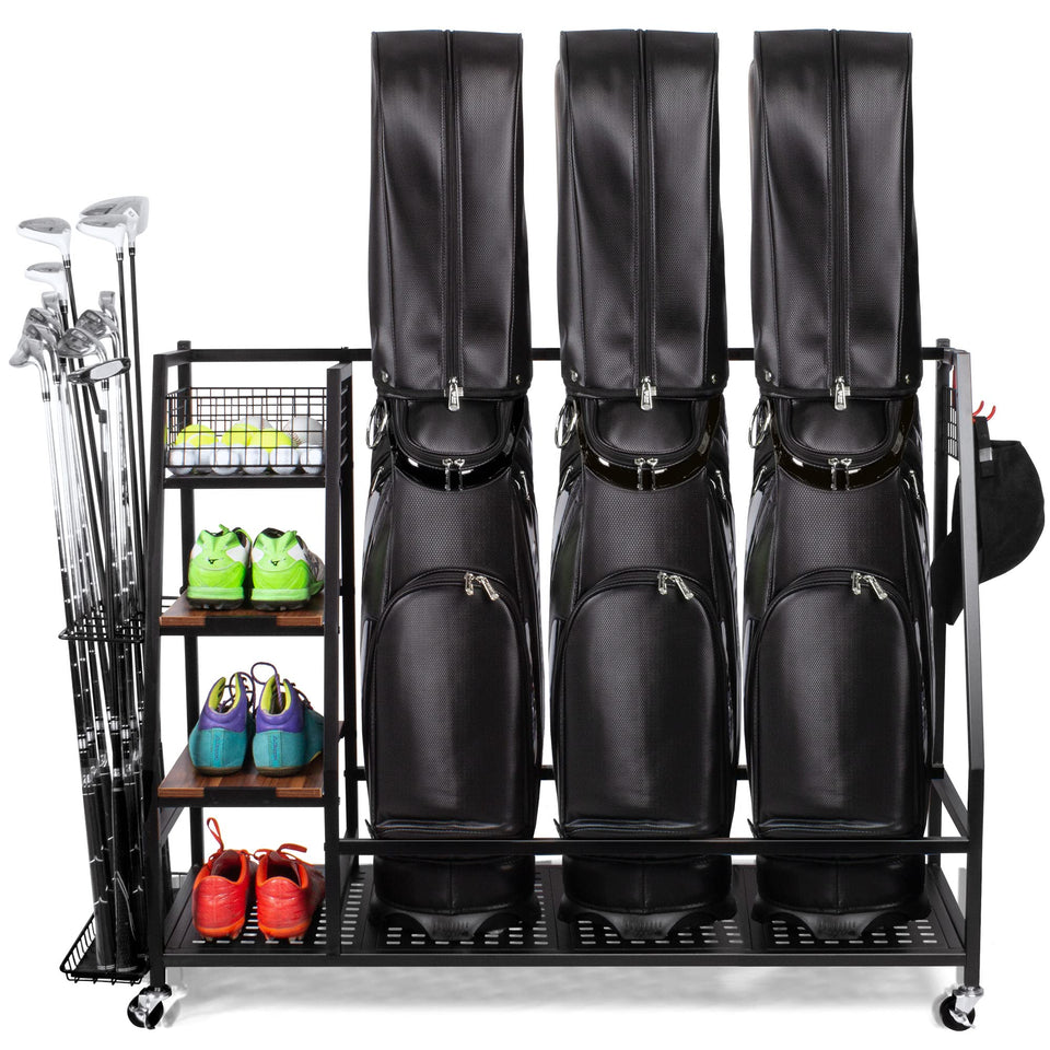 Sttoraboks golf storage stand front view showing organized three bags