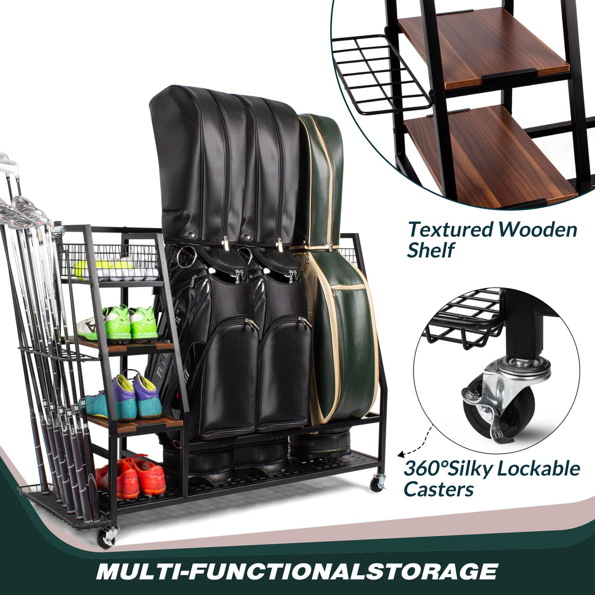 Sttoraboks golf storage stand side view with bags and accessories