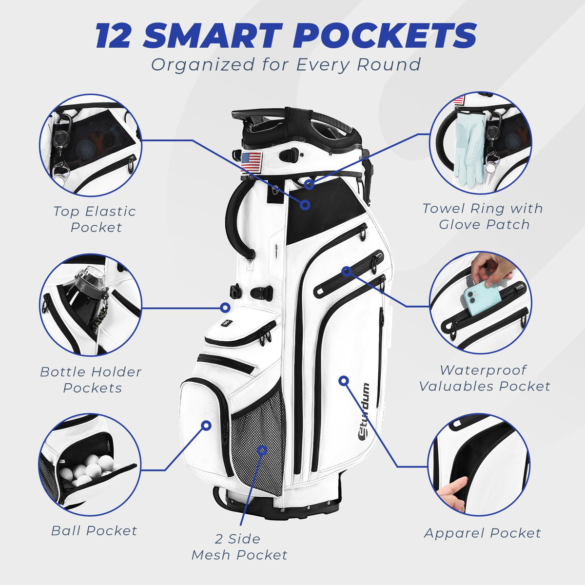 Sturdum 12-Pocket Organization neatly separates gear for easy retrieval.