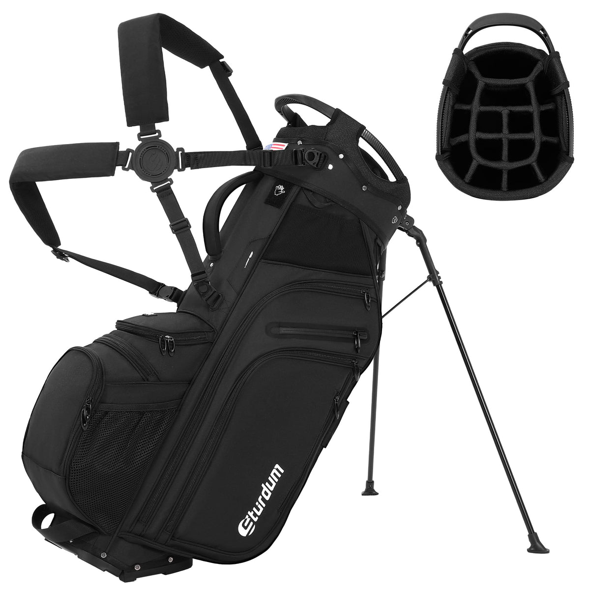 Sturdum 14-way golf stand bag top view showing organized dividers for quick access.