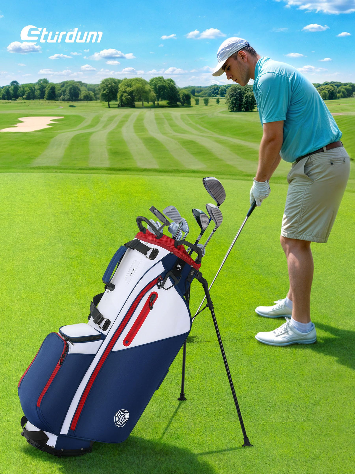 Sturdum 7 Way Golf Stand Bag cart compatibility with strap tunnel for carts