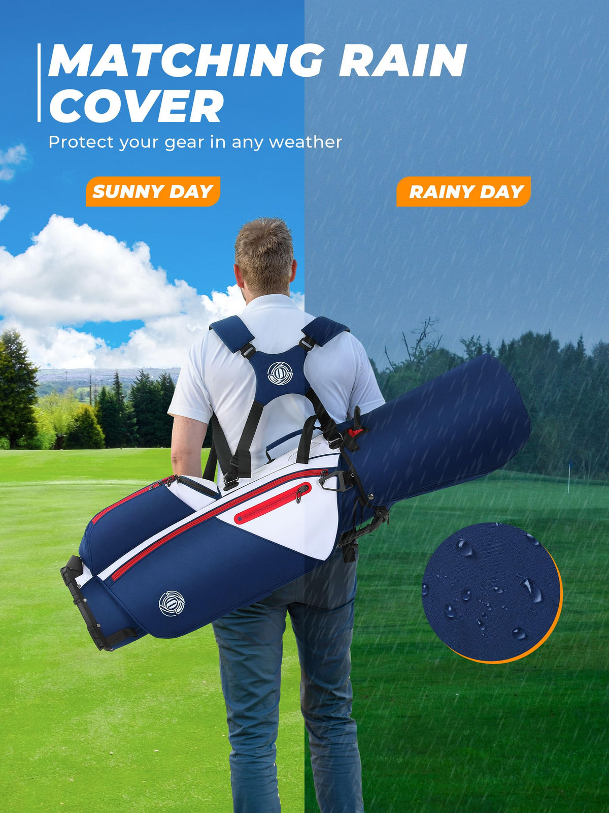 Sturdum 7 Way Golf Stand Bag rain hood and umbrella holder in use