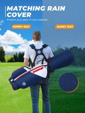 Sturdum 7 Way Golf Stand Bag rain hood and umbrella holder in use