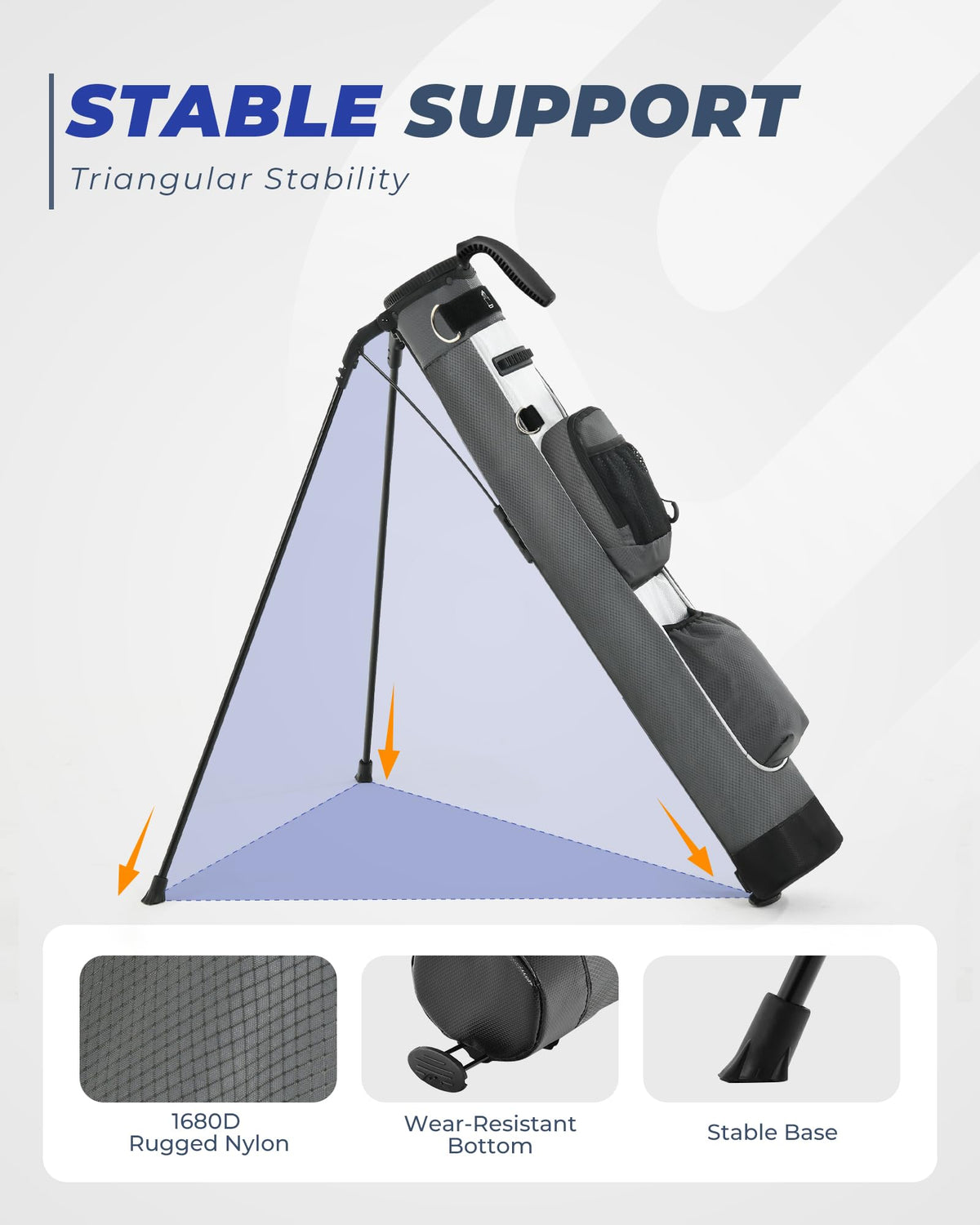 Sturdum Golf auto-deploy stand provides stable footing on uneven turf