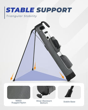 Sturdum Golf auto-deploy stand provides stable footing on uneven turf