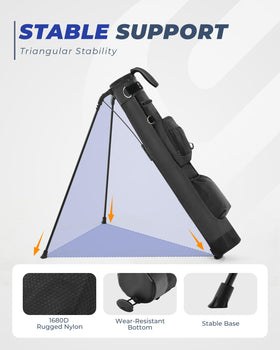 Sturdum Golf auto-deploy stand offers stable setup on uneven ground.