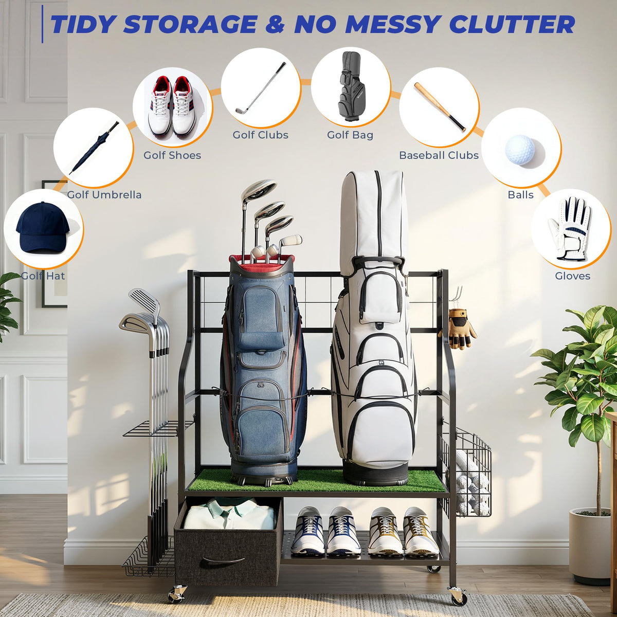 Sturdum two-tier rack holds two full-size golf bags upright off the floor
