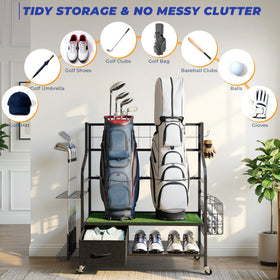 Sturdum two-tier rack holds two full-size golf bags upright off the floor