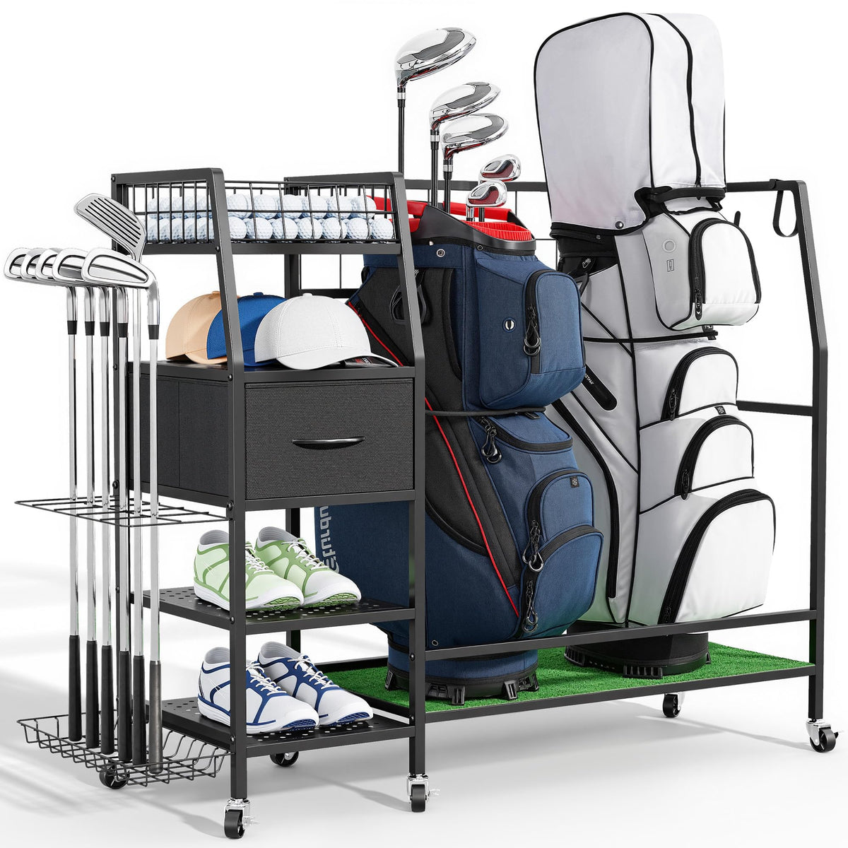 Sturdum golf bag organizer front view with 4-tier steel frame for clutter-free storage