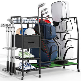Sturdum golf bag organizer front view with 4-tier steel frame for clutter-free storage