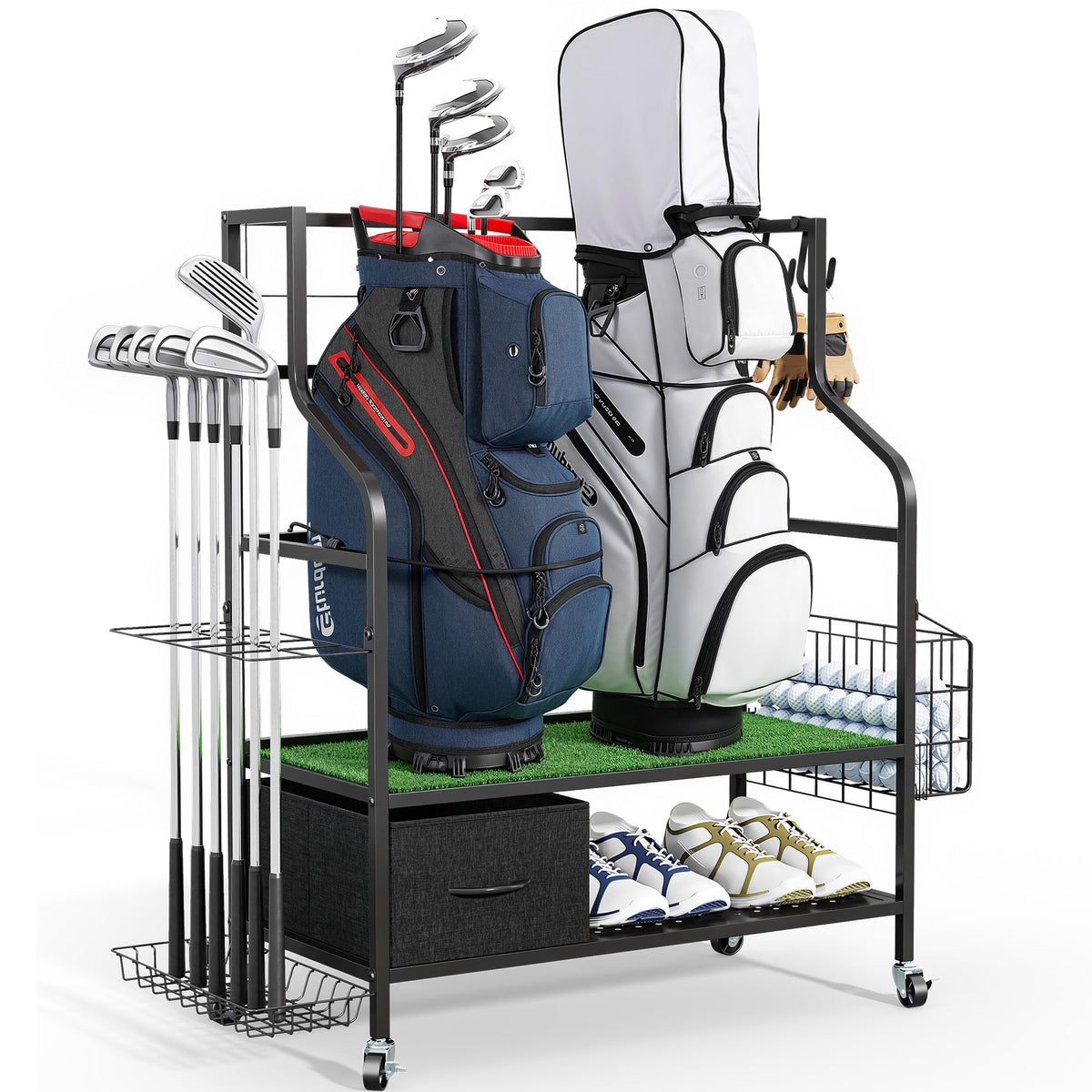 Sturdum golf bag organizer on rolling casters for easy garage rearrangement