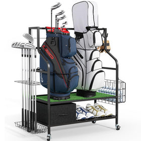 Sturdum golf bag organizer on rolling casters for easy garage rearrangement