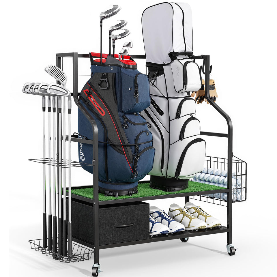 Sturdum golf bag organizer on rolling casters for easy garage rearrangement