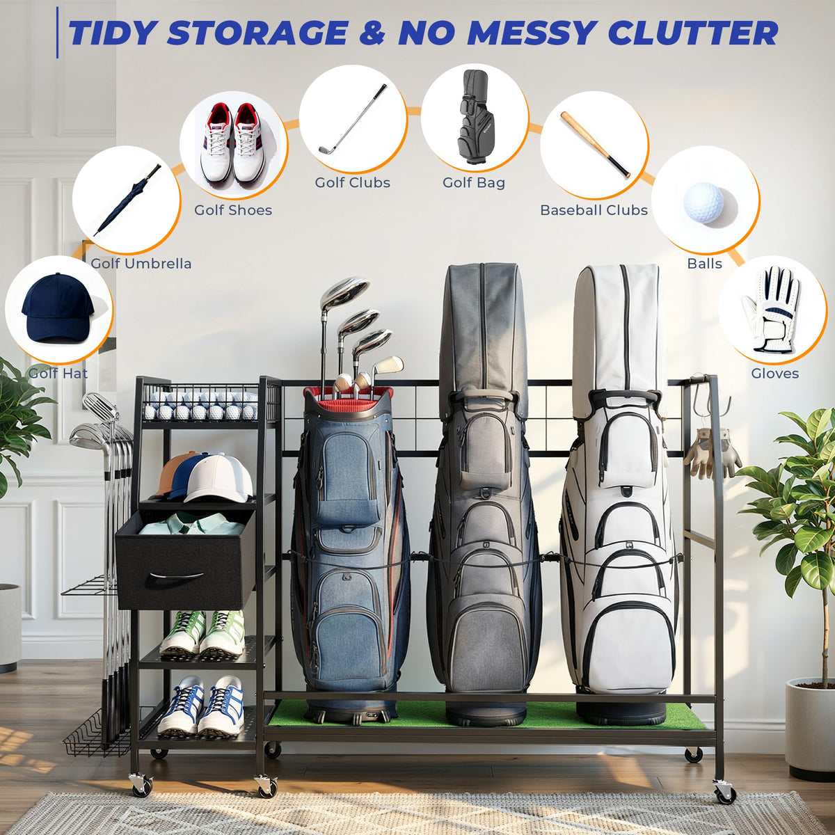 Sturdum golf bag organizer showing upright bags in the rack