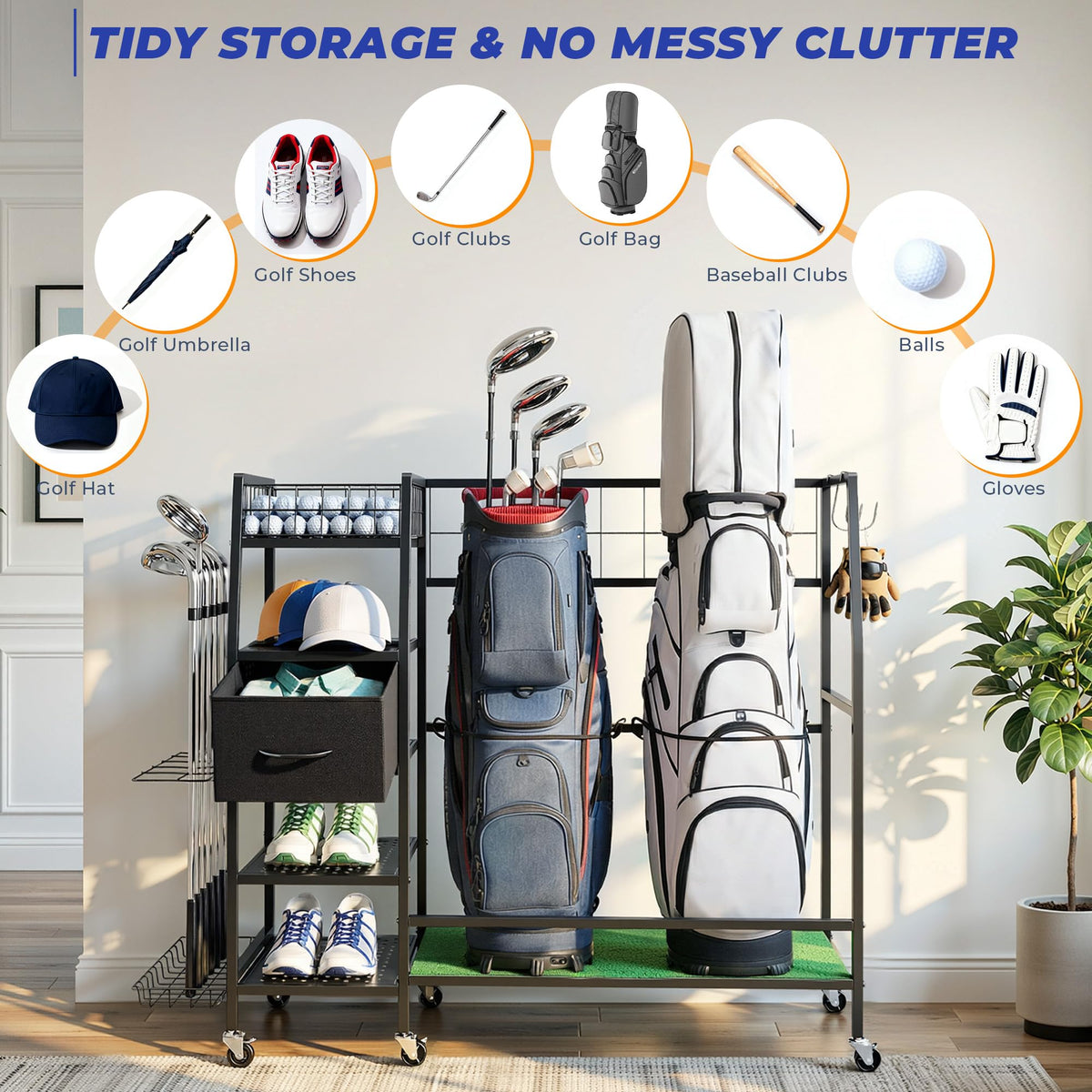 Sturdum golf bag organizer on wheels shows easy mobility in the garage