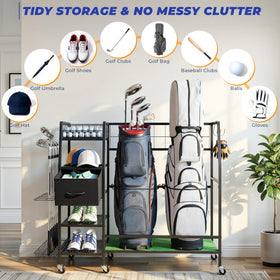 Sturdum golf bag organizer on wheels shows easy mobility in the garage