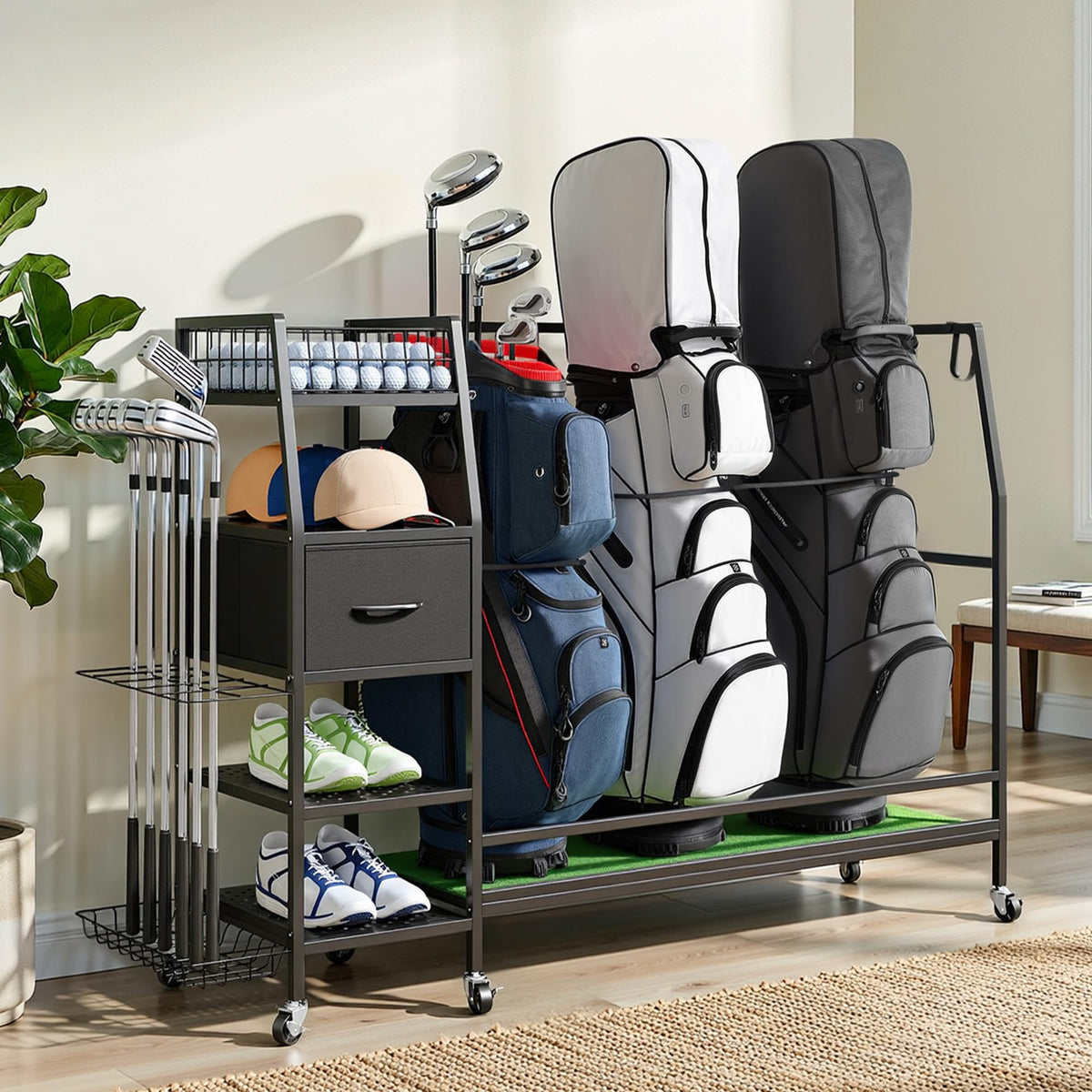 Sturdum golf bag rack in a tidy garage setup