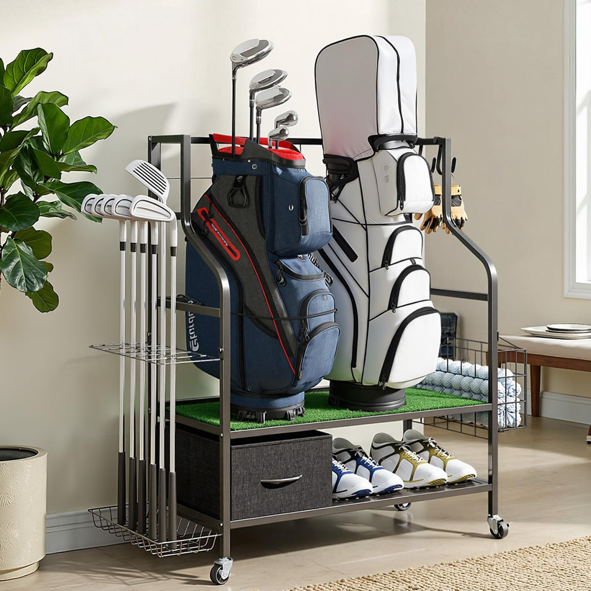 Sturdum side bin storage for shoes, balls, and gloves