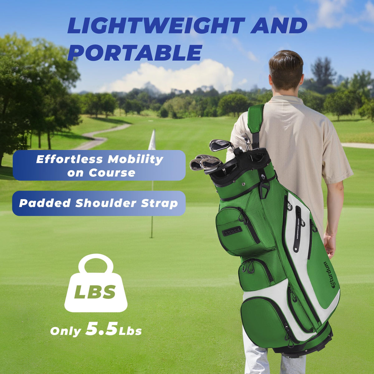 Sturdum cart bag showing a 10-pocket layout for fast gear access mid-round.