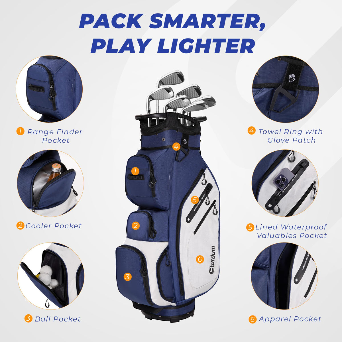 Sturdum bag shows 10-pocket layout for quick gear access during rounds.