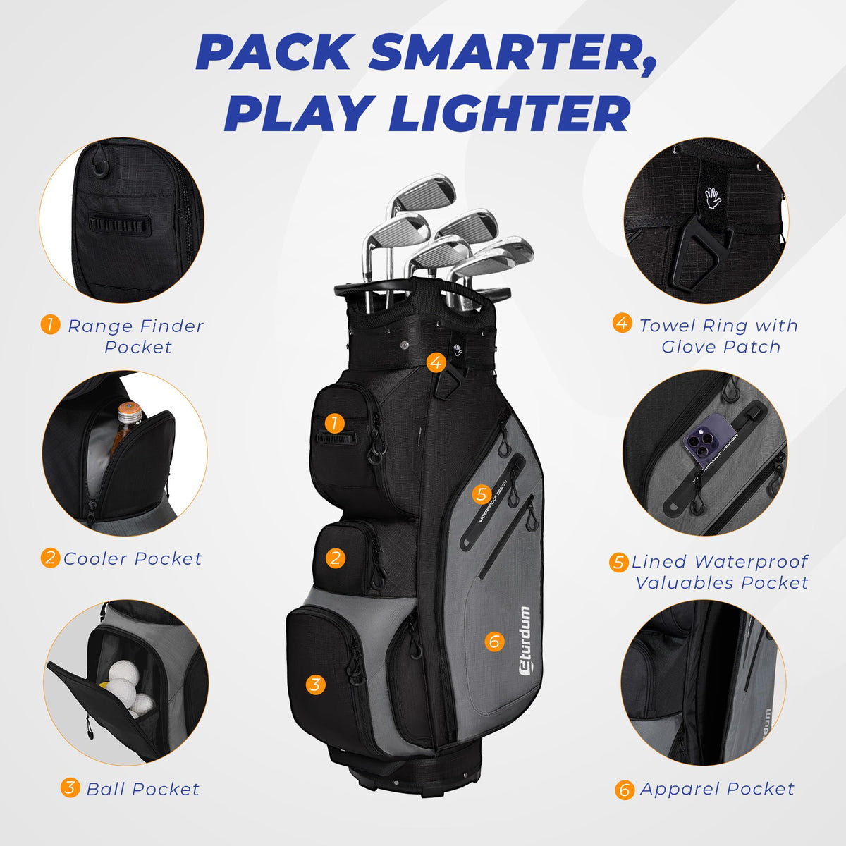 Sturdum golf cart bag with 10 pockets for quick access to gear.