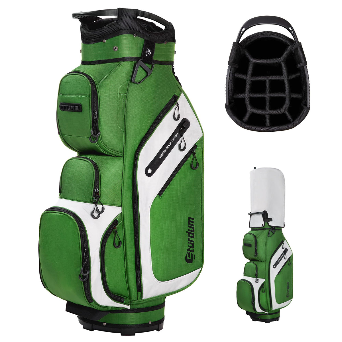 Sturdum Golf Cart Bag with 14-way top divider keeps clubs organized on the course.
