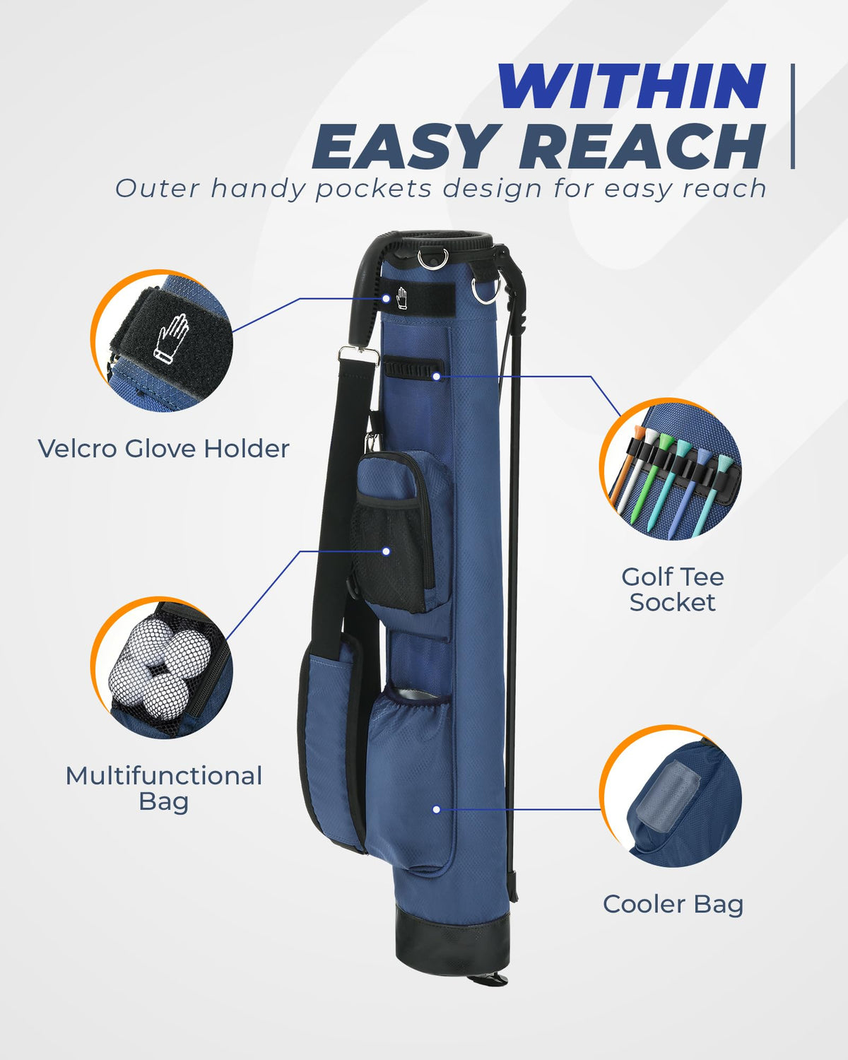 Sturdum Golf stand bag front profile with quick access to clubs.