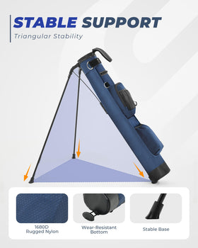 Sturdum Golf stand bag auto-deploys stand on uneven ground.