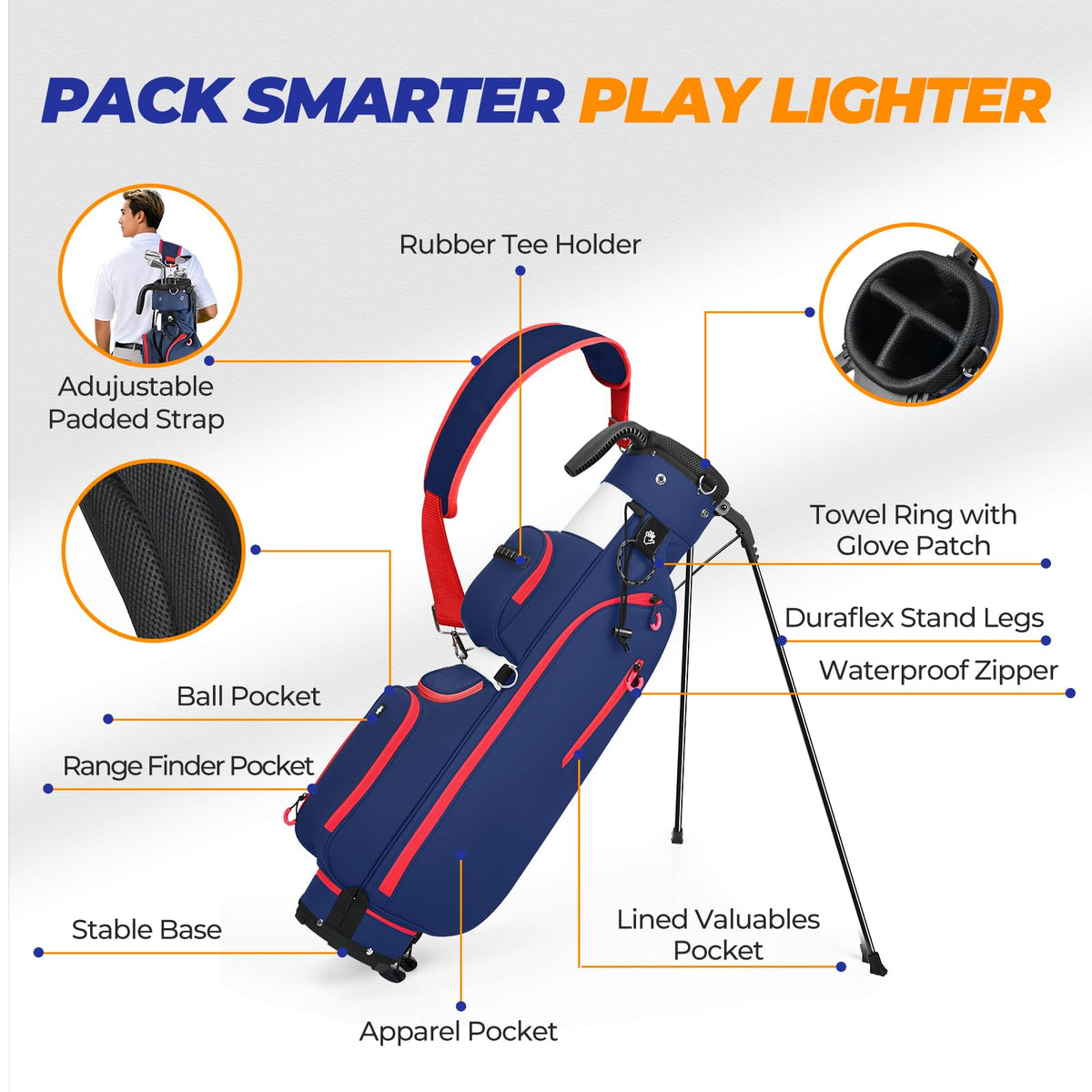 Sturdum golf stand bag showing 3-way dividers for organized clubs