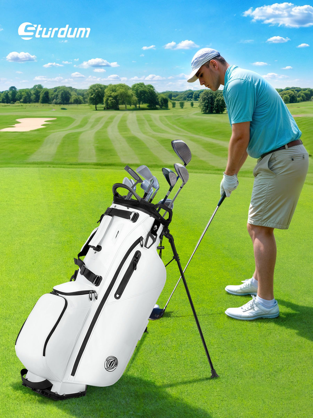 Sturdum golf stand bag cart strap tunnel ensures easy cart compatibility