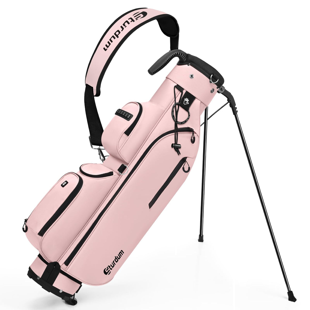 Sturdum golf stand bag front view shows compact pink carry for easy on-course use.