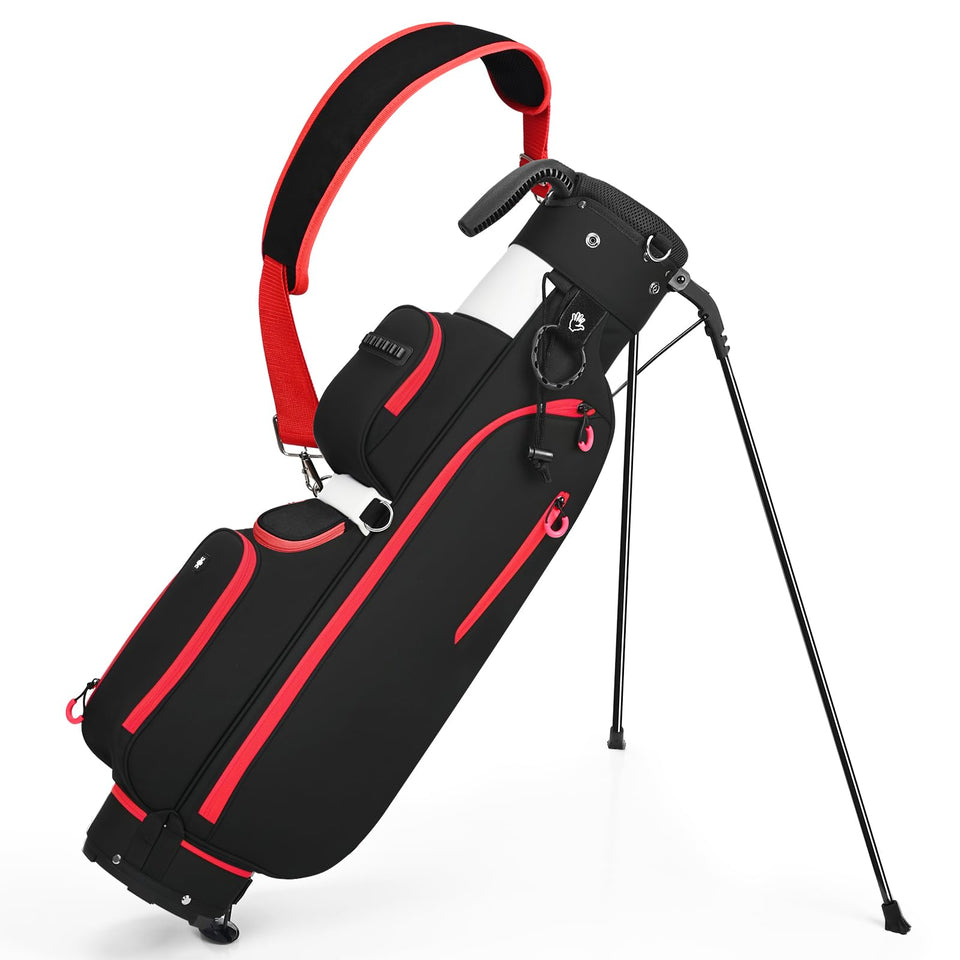 Sturdum golf stand bag front view shows compact design ideal for driving range and easy transport