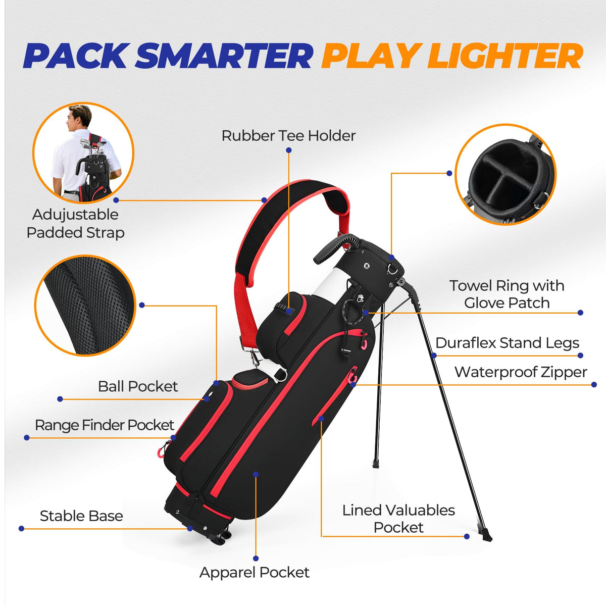 Sturdum golf stand bag side pocket detail demonstrates accessible storage for accessories