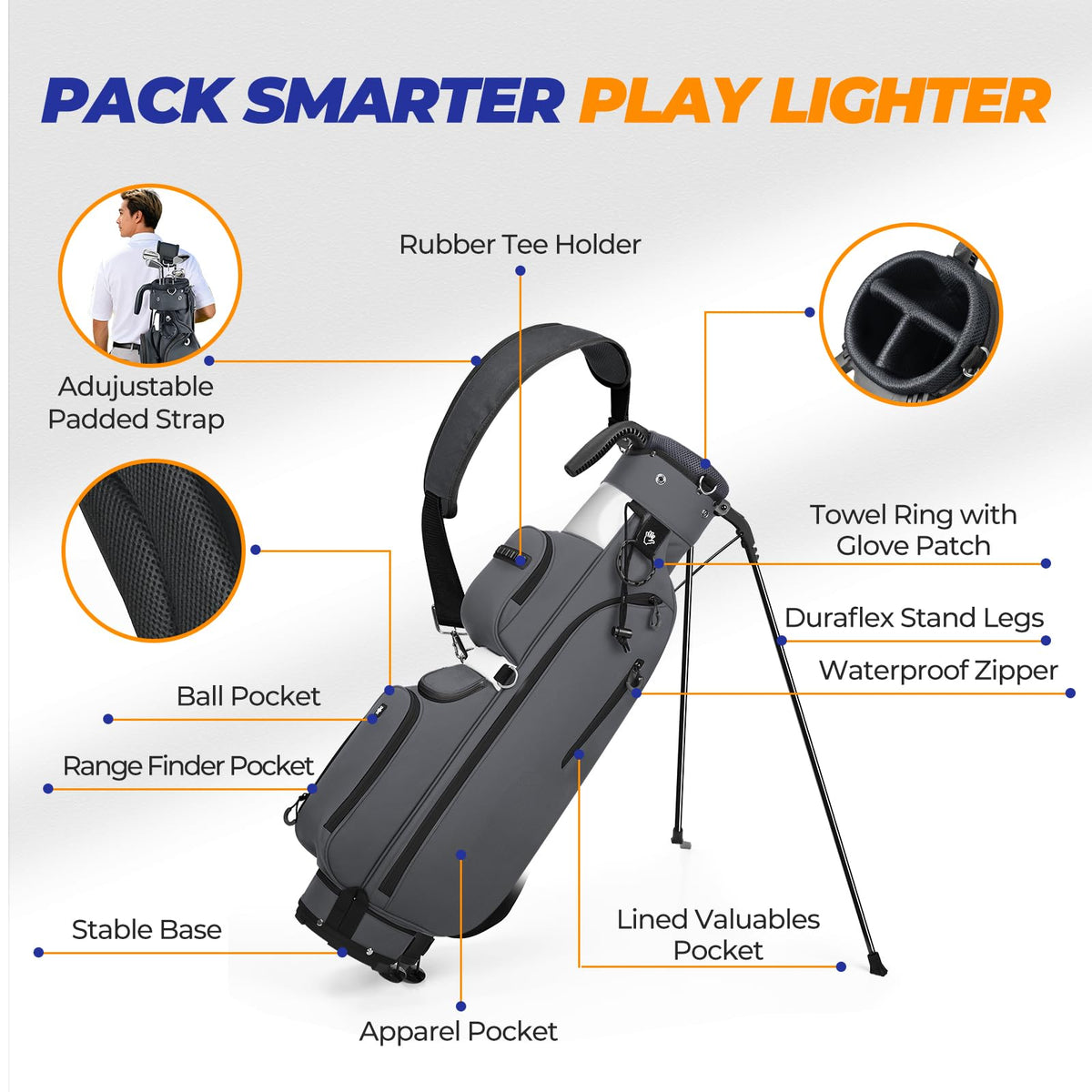 Sturdum Golf Stand Bag side view, compact size fits in a car trunk