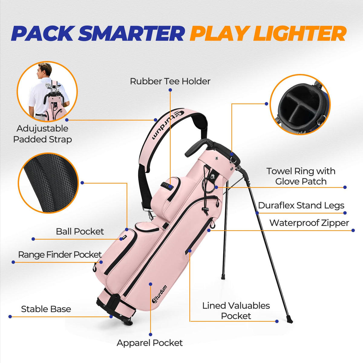 Sturdum golf stand bag top 3-way divider keeps clubs organized during play.