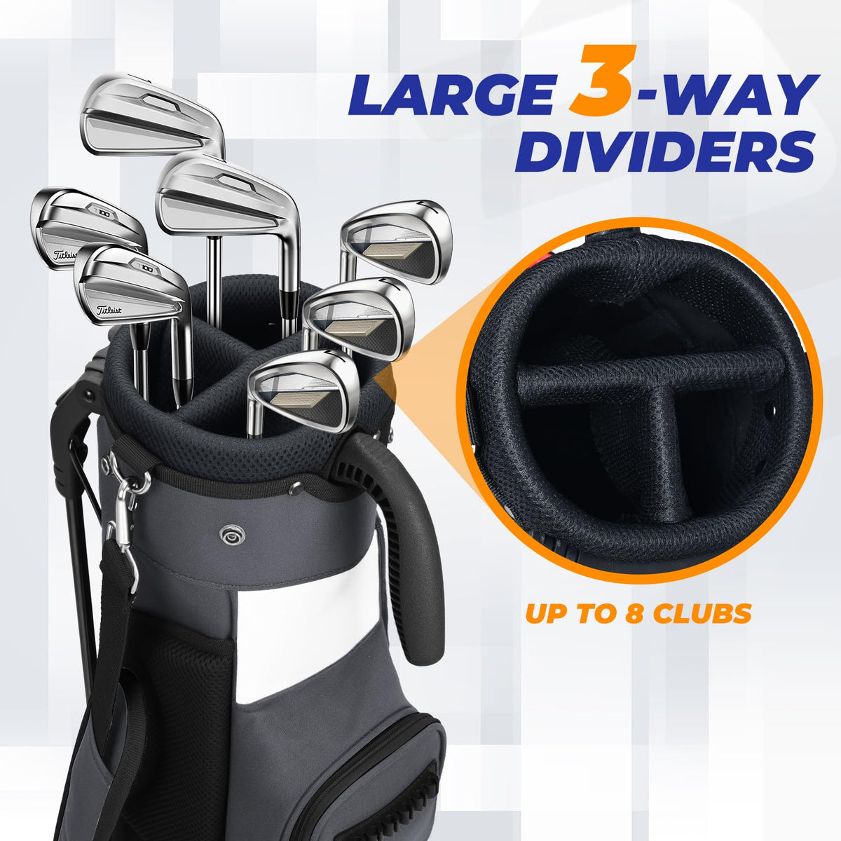 Sturdum Golf Stand Bag top view, shows 3-way divider access